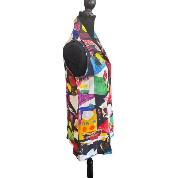 Retro 70s Colorful Sleeveless Button-Up Collared Blouse Top By Adore S Geometric - Picture 6 of 8